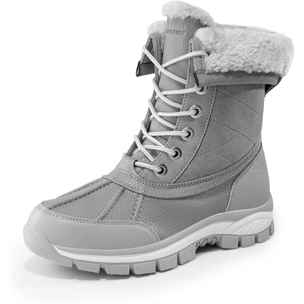 imageDREAM PAIRS Snow Boots for Women Waterproof Mid Calf Lace Up Duck Boots Warm Faux Fur FuzzyGo Bold Winter Boots for OutdoorLight Grey