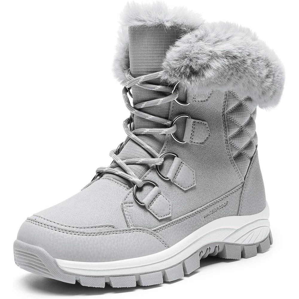 imageDREAM PAIRS Waterproof Snow Boots for Women Faux Fur Cozy Warm Insulated Winter Boots Lace Up MidCalf Outdoor Shoes for Walking Hiking HesperaLight Grey