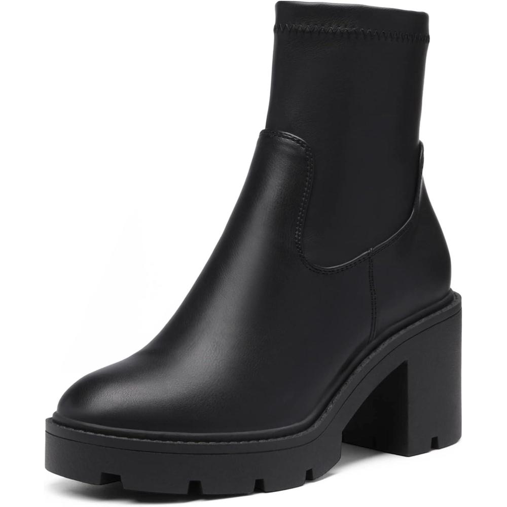 imageDREAM PAIRS Womens Chelsea Platform Boots Elastic Chunky Heel Lug Sole Ankle Booties ShoesBlackPu