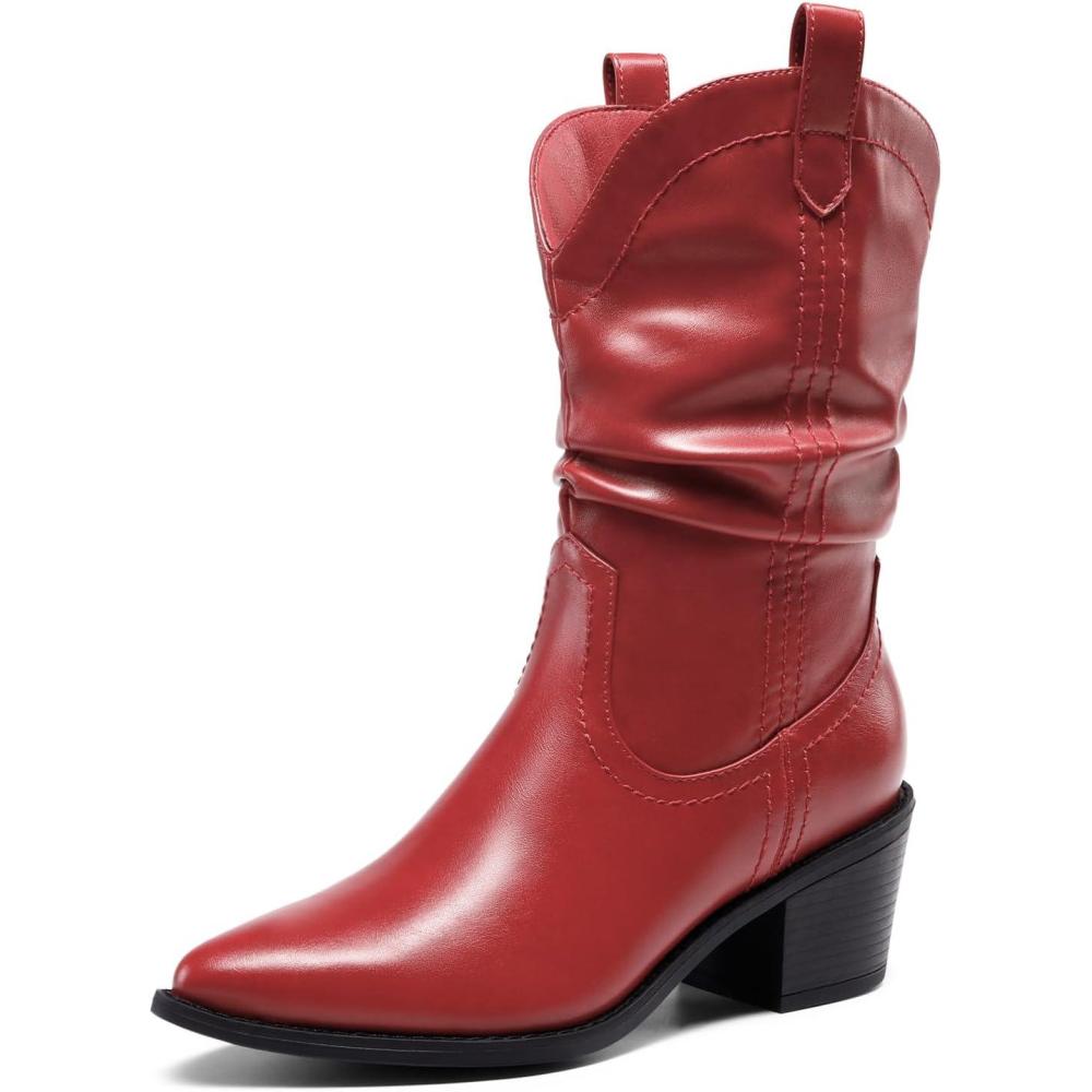 imageDREAM PAIRS Womens Cowgirl Boots Mid Calf Western Cowboy Chunky Heel Boots Slouchy ampamp Pullon Ankle Booties for womenRed