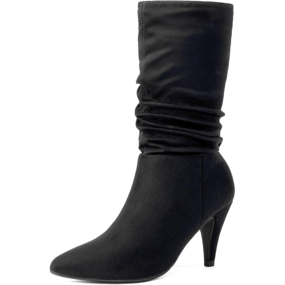 imageDREAM PAIRS Womens High Heel Mid Calf Boots Slouchy Pointed Toe Fall BootsBlackK