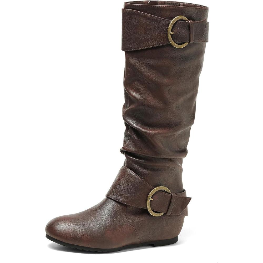 imageDREAM PAIRS Womens Knee High Low Hidden Wedge Boots Suede Faux Fur Lining Side Zipper Knee High Buckle BootsBrown