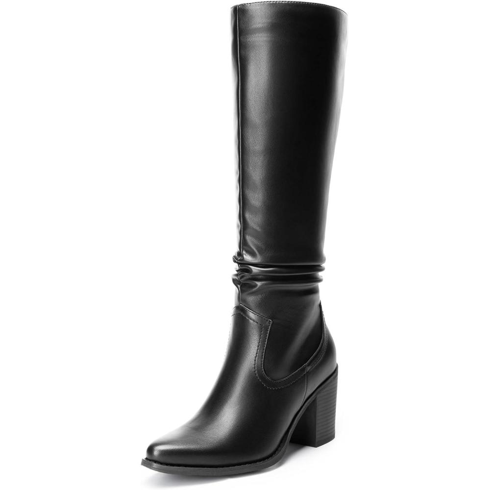 imageDREAM PAIRS Womens KneeHigh Boots Comfortable Chunky Block Heel Pointed Toe Pull On Side Zipper Suede Slouch Riding BootsBlackpu