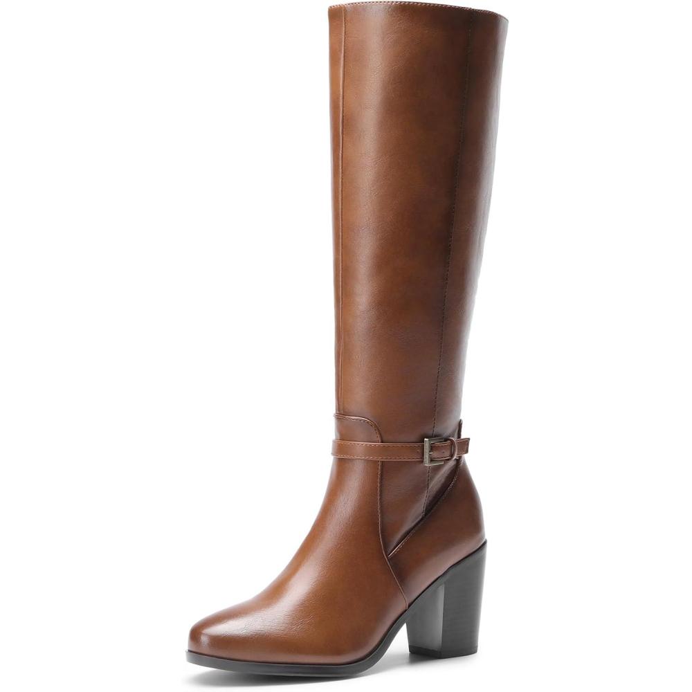 imageDREAM PAIRS Womens KneeHigh Boots Comfortable Chunky Block Heel Side ZipperTanpu