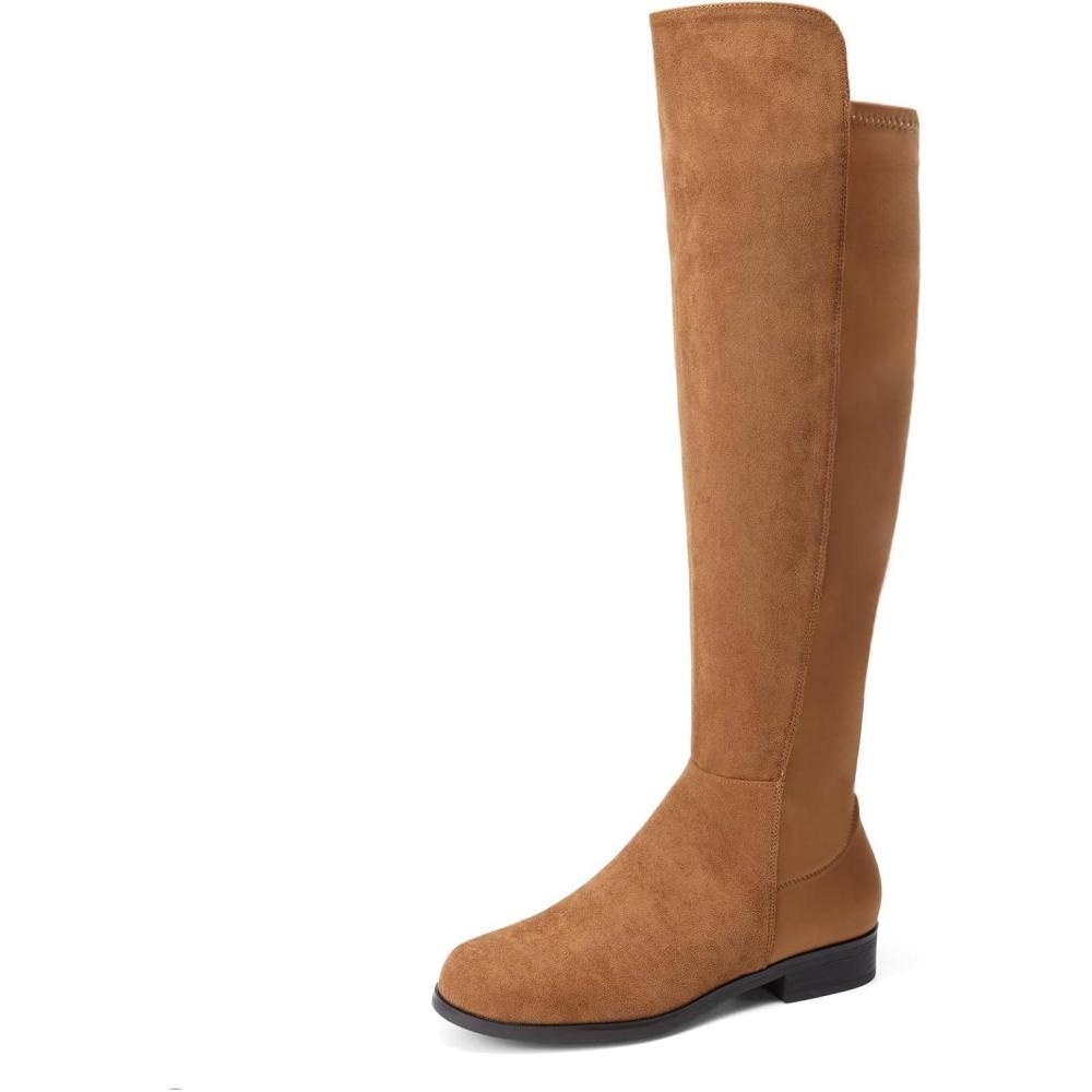 imageDREAM PAIRS Womens KneeHigh Boots Comfortable Flat Low Heel Round Toe Stretchy Suede Slouch Boots with Side ZipperCamel