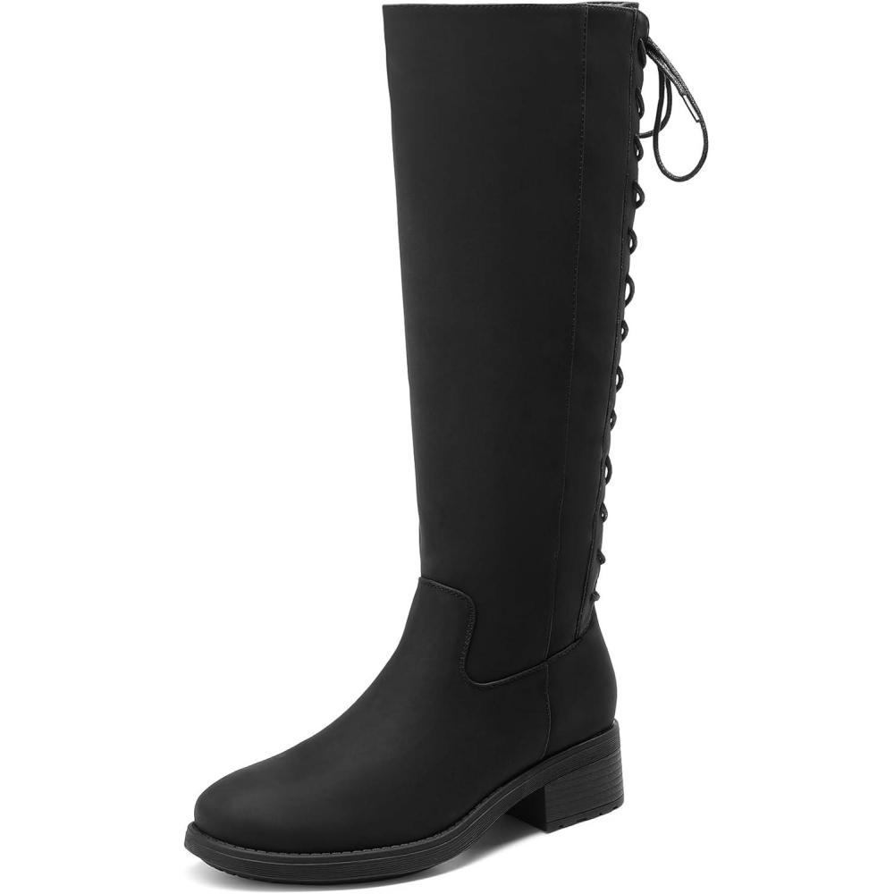 imageDREAM PAIRS Womens Lace Up Back Knee High Fashion Boots Low Block Heel Riding Boots Round Toe Side Zipper Fall BootsBlacknubuck