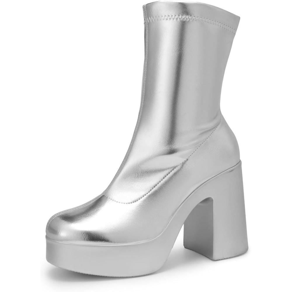 imageDREAM PAIRS Womens Platform Gogo Ankle Boots High Chunky Block Heel Square Toe Booties ShoesSilver