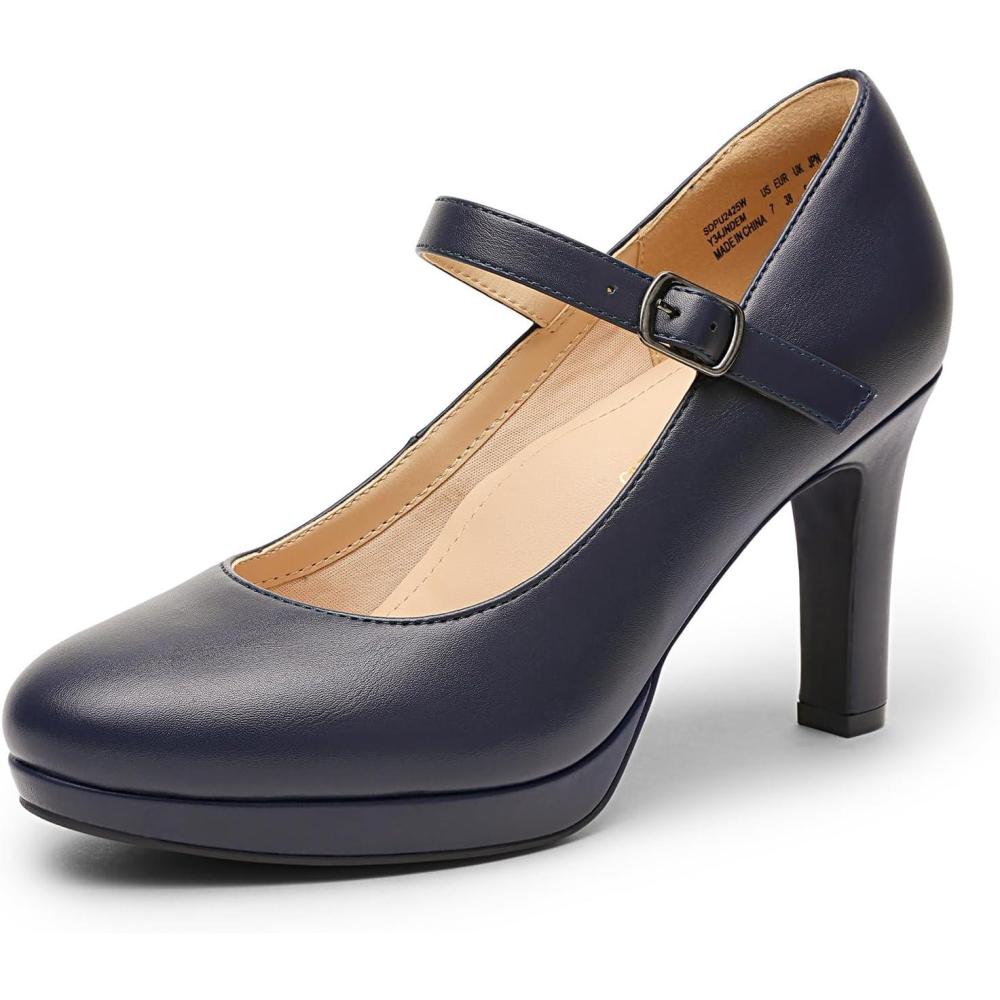 imageDREAM PAIRS Womens Pumps Close Toe Classic High Heels Round Toe Comfortable Low Platform Mary Jane Dress ShoesNavy