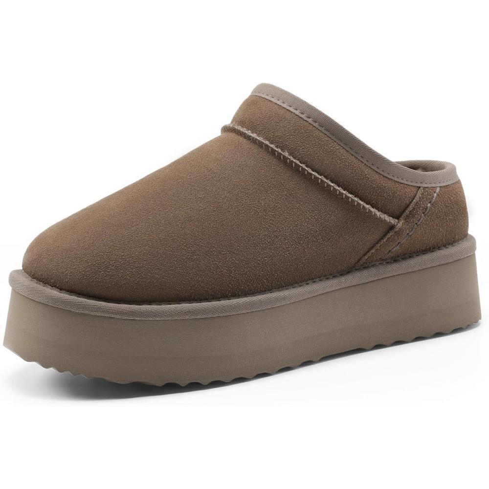 imageDREAM PAIRS Womens Slippers Platform Genuine Suede SlipOn Memory Foam Cozy Fluffy Warm Comfy Furry House Shoes for Outdoor IndoorTaupe