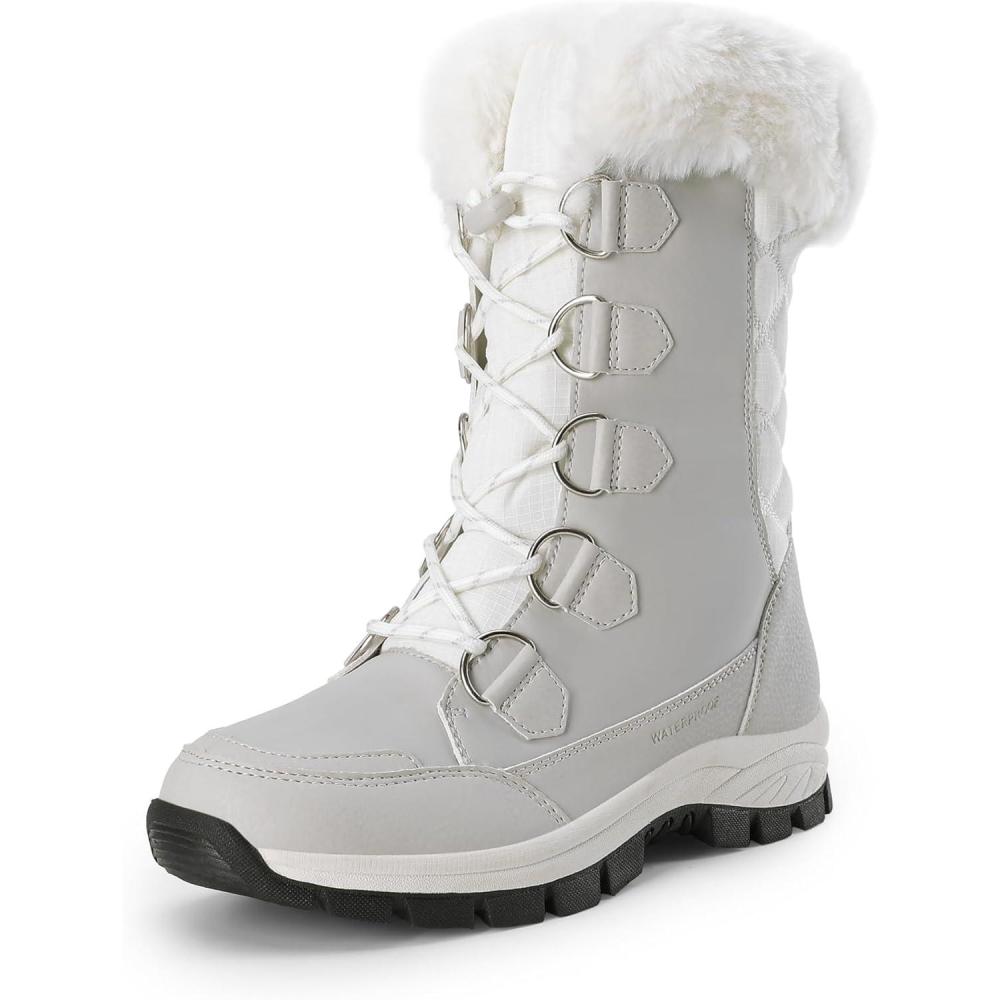 imageDREAM PAIRS Womens Waterproof Winter Snow Boots Warm Comfortable Faux Fur Insulated NonSlip Outdoor LaceUp Florin Mid Calf BootiesWhiteGrey
