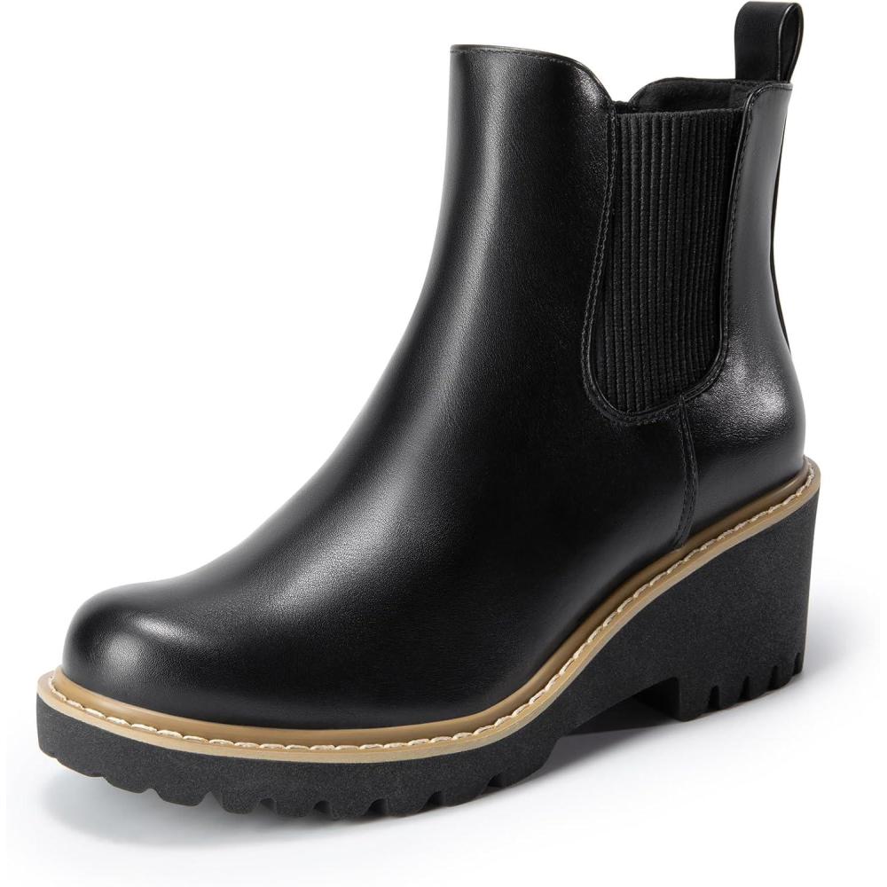imageDREAM PAIRS Womens Wedge Chelsea Ankle Boots Fashion Round Toe Low Wedge Heel Platform Booties ShoesBlackpu