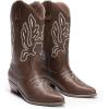 DREAM PAIRS Women’s Cowboy Boots Mid Calf Cowgirl Boots Embroidery Stitched Western Boots(Brown-pu)