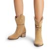 DREAM PAIRS Women’s Modern Western Cowboy Boots, Mid Calf Round toe Chunky Heel Cowgirl Country Ankle Boots with Pull On Tabs(Khaki-suede)