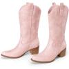 DREAM PAIRS Women’s Square Toe Cowboy Cowgirl Boots Embroidered Mid Calf Western Boots Fashion Dress Low Chunky Heel Boots for Theme Party Country Concert(Pink-pu)