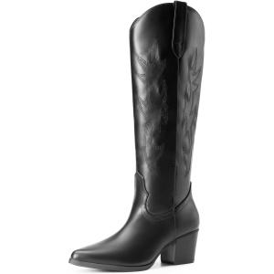 DREAM PAIRS Cowboy Boots for Women Cowgirl Knee High Boots Comfortable Pull On Zipper Chunky Heel Pointed Toe Embroidered Western Boots(Black)