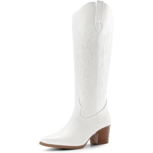 DREAM PAIRS Cowboy Boots for Women Cowgirl Knee High Boots Comfortable Pull On Zipper Chunky Heel Pointed Toe Embroidered Western Boots(White)