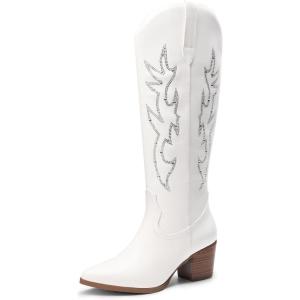 DREAM PAIRS Cowboy Boots for Women Cowgirl Knee High Boots Comfortable Pull On Zipper Chunky Heel Pointed Toe Embroidered Western Boots(White-rhinestone)