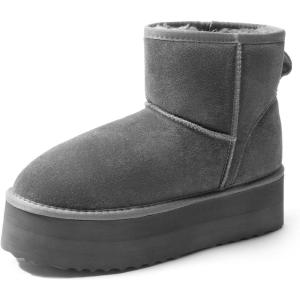 DREAM PAIRS Genuine Suede Classic Platform Boots for Women Water Resistant FuzzyClassic Ankle Winter Snow Low Boots with DIY Bows Faux Fur Lining Memory Foam Anti-Slip(Grey)