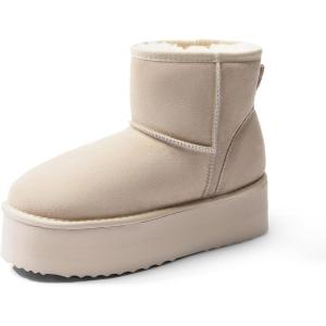 DREAM PAIRS Genuine Suede Classic Platform Boots for Women Water Resistant FuzzyClassic Ankle Winter Snow Low Boots with DIY Bows Faux Fur Lining Memory Foam Anti-Slip(Sand)