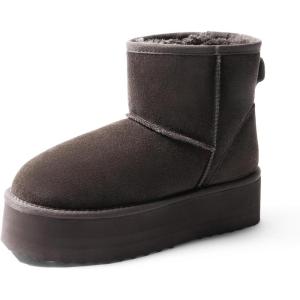 DREAM PAIRS Genuine Suede Classic Platform Boots for Women Water Resistant FuzzyClassic Ankle Winter Snow Low Boots with DIY Bows Faux Fur Lining Memory Foam Anti-Slip(Brown)