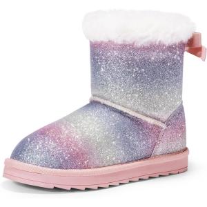 DREAM PAIRS Girls Boots Kids Winter Faux Fur Warm Snow Ankle FuzzyChic Kid’s Bow Boots for Toddler/Little Kid(Rainbow/Glitter)