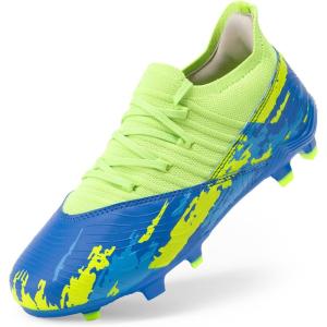 DREAM PAIRS Girls Boys Soccer Cleats Youth Firm Groud Outdoor Sports Athletic Mid-top Football Shoes for Little/Big Kid(Royal Blue/Neon Green)
