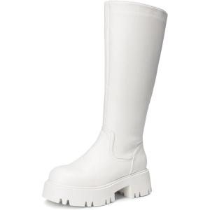 DREAM PAIRS Knee High Boots, Comfortable Chunky Platform Round-Toe Side Zip Boots for Women(White)