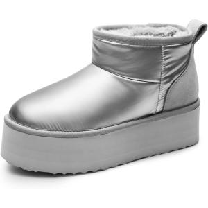 DREAM PAIRS Platform Mini Boots for Women Suede Genuine Leather, Classic Winter Ankle Snow Boots with Memory Foam Insole Lightweight Anti-Slip Outsole FuzzyClassic(Silver)