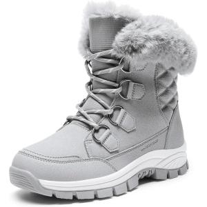 DREAM PAIRS Waterproof Snow Boots for Women, Faux Fur Cozy Warm Insulated Winter Boots Lace Up Mid-Calf Outdoor Shoes for Walking Hiking Hespera(Light Grey)