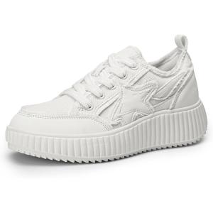 DREAM PAIRS Women Platform Chunky Lightweight Comfortable Casual Denim Fabric Lace-Up Kay Walking Fashion Sneakers(White)
