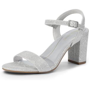 DREAM PAIRS Women’s Chunky Heels Block Round Open Toe Ankle Strap Heel Fashion Wedding Party Comfort Dress Sandals Shoes(Silver-glitter)