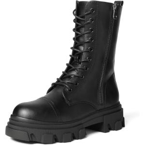 DREAM PAIRS Women’s Combat Boots Lace up Mid Calf Boots Low Heel Chunky Platform Lug Sole Riding Boots(Black/Pu)