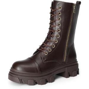 DREAM PAIRS Women’s Combat Boots Lace up Mid Calf Boots Low Heel Chunky Platform Lug Sole Riding Boots(Brown-pu)