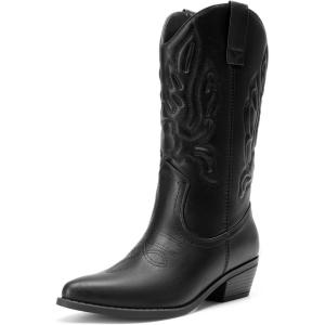 DREAM PAIRS Women’s Cowboy Boots Mid Calf Cowgirl Boots Embroidery Stitched Western Boots(All Black)