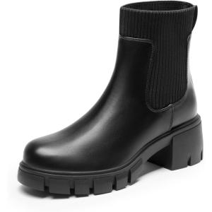 DREAM PAIRS Women’s Elastic Chelsea Ankle Boots Fashion Low Chunky Heel Platform Lug Sole Short Booties Shoes(Black)