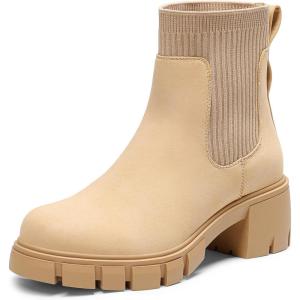DREAM PAIRS Women’s Elastic Chelsea Ankle Boots Fashion Low Chunky Heel Platform Lug Sole Short Booties Shoes(Nude)