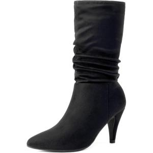 DREAM PAIRS Women’s High Heel Mid Calf Boots Slouchy Pointed Toe Fall Boots(Black/K)