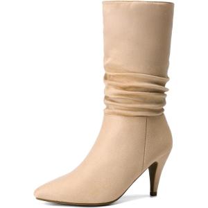 DREAM PAIRS Women’s High Heel Mid Calf Boots Slouchy Pointed Toe Fall Boots(Nude/K)