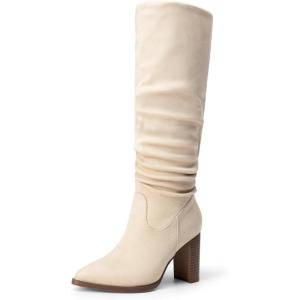 DREAM PAIRS Women’s Knee High Boots Pointed Toe Chunky Block Heel Suede Boots Comfortable for Women with Side Zipper Fashion Slouchy Fall Boots(Beige)