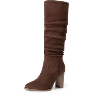 DREAM PAIRS Women’s Knee High Boots Pointed Toe Chunky Block Heel Suede Boots Comfortable for Women with Side Zipper Fashion Slouchy Fall Boots(Dark Brown)