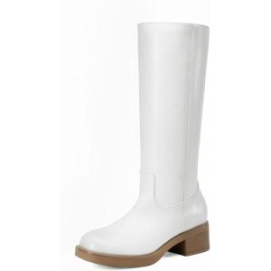 DREAM PAIRS Womens Knee High Boots Square Toe Platform Chunky Block Heel Banana Campus Boots for Women Comfortable Low Heel Side Zipper Womens Riding Tall Boots(White)