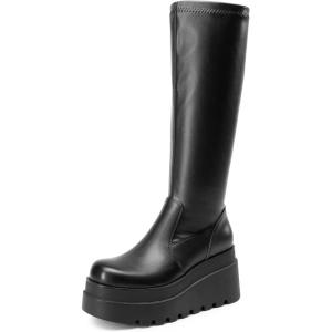 DREAM PAIRS Women’s Knee High Boots Wedge Platform Chunky Heel Round Toe Side Zipper Fashion Long Tall Sock Punk Goth Boots for Women(Black-pu)