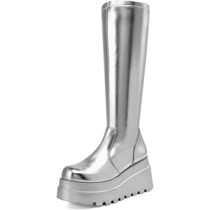 DREAM PAIRS Women’s Knee High Boots Wedge Platform Chunky Heel Round Toe Side Zipper Fashion Long Tall Sock Punk Goth Boots for Women(Silver)