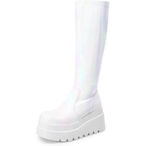 DREAM PAIRS Women’s Knee High Boots Wedge Platform Chunky Heel Round Toe Side Zipper Fashion Long Tall Sock Punk Goth Boots for Women(White-pat)