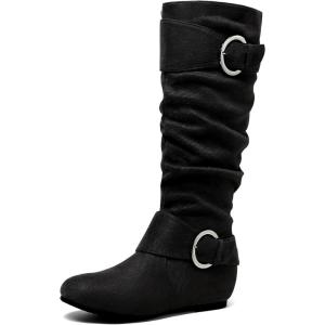 DREAM PAIRS Women’s Knee High Low Hidden Wedge Boots Suede Faux Fur Lining Side Zipper Knee High Buckle Boots(Black/Suede)