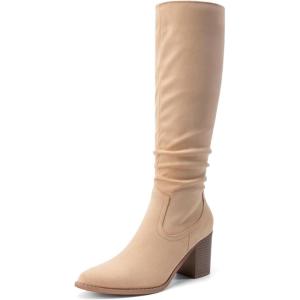 DREAM PAIRS Women’s Knee-High Boots, Comfortable Chunky Block Heel Pointed Toe Pull On Side Zipper Suede Slouch Riding Boots(Apricot)