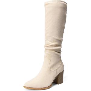 DREAM PAIRS Women’s Knee-High Boots, Comfortable Chunky Block Heel Pointed Toe Pull On Side Zipper Suede Slouch Riding Boots(Beige)