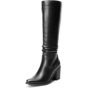 DREAM PAIRS Women’s Knee-High Boots, Comfortable Chunky Block Heel Pointed Toe Pull On Side Zipper Suede Slouch Riding Boots(Black-pu)