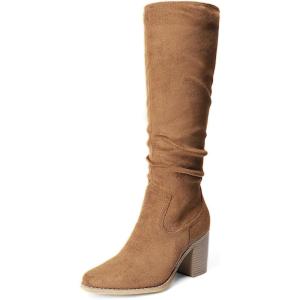 DREAM PAIRS Women’s Knee-High Boots, Comfortable Chunky Block Heel Pointed Toe Pull On Side Zipper Suede Slouch Riding Boots(Camel)