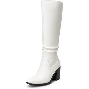 DREAM PAIRS Women’s Knee-High Boots, Comfortable Chunky Block Heel Pointed Toe Pull On Side Zipper Suede Slouch Riding Boots(White-pu)